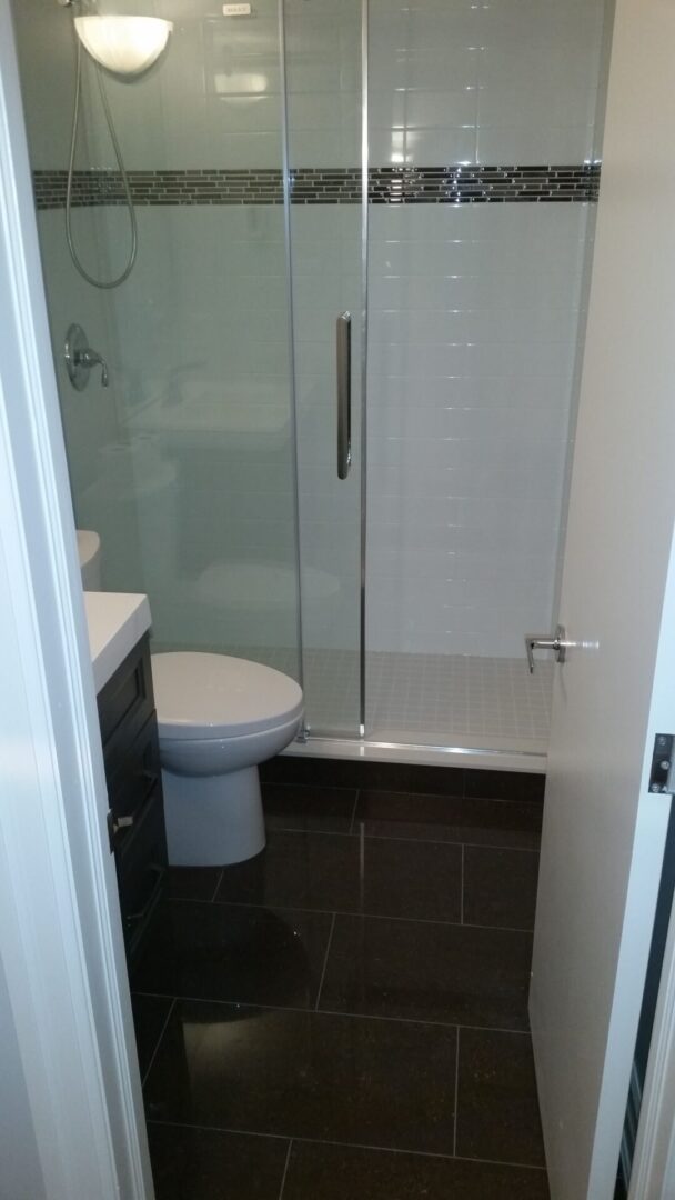 glass door shower and white toilet