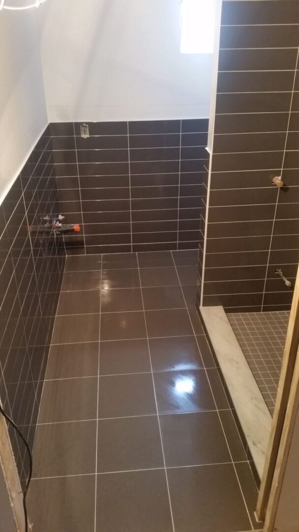 white and black bathroom tile with wall